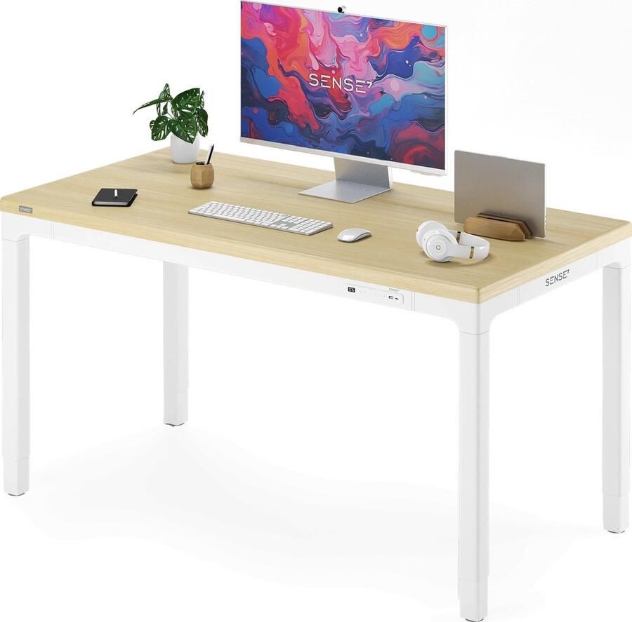 SENSE7 MANMA Bureau Computerbureau Gamingbureau 160 x 80 cm Elektrische Hoogteverstelling Geheugenfunctie voor USB 2.0- en USB-C-lader wit lichtbruin