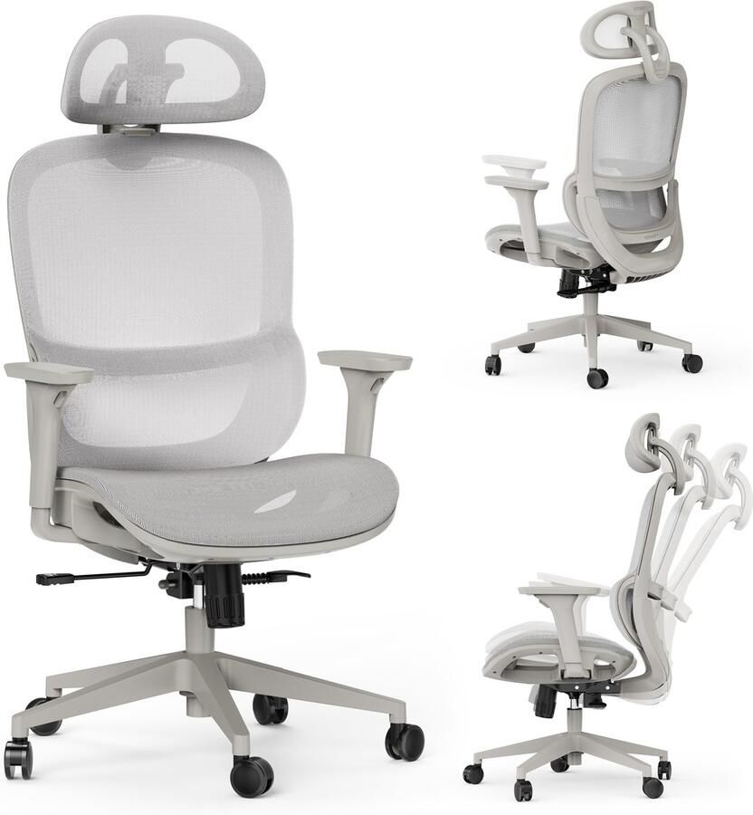 SENSE7 Neyo Grijze Bureaustoel Draaistoel Verstelbare Hoofdsteun 3D-Verstelbare Armleuningen Ergonomische Bureaustoel in Hoogte Verstelbaar