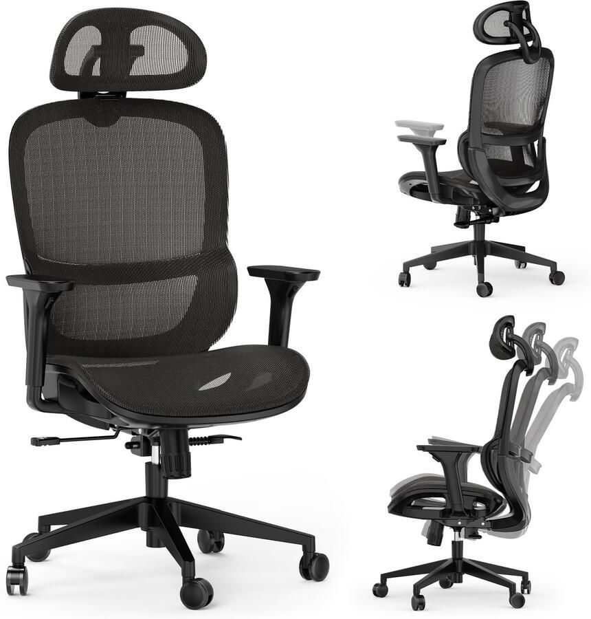 SENSE7 Neyo Zwarte Bureaustoel Draaistoel Verstelbare Hoofdsteun 3D-Verstelbare Armleuningen Ergonomische Bureaustoel in Hoogte Verstelbaar