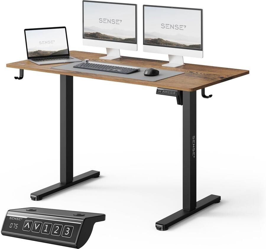 SENSE7 NOJO LIGHT Elektrisch bureau 120 cm x 60 cm Elektrische Hoogteverstelling Hoogte 72-118 cm Intelligent Bedieningspaneel Donkerbruin