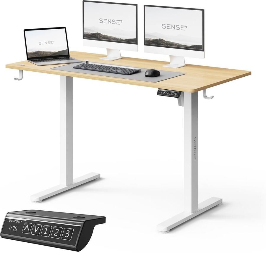SENSE7 NOJO LIGHT Elektrisch bureau 120 cm x 60 cm Elektrische Hoogteverstelling Hoogte 72-118 cm Intelligent Bedieningspaneel Lichtbruin-Wit