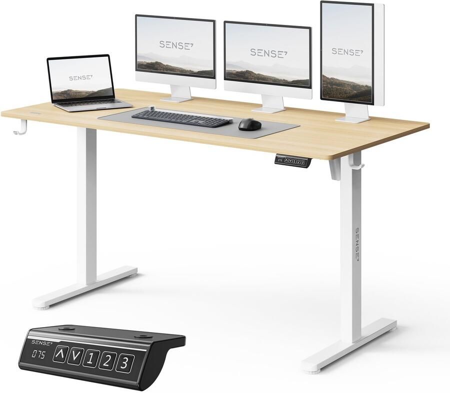 SENSE7 NOJO LIGHT Elektrisch bureau 140 cm x 70 cm Elektrische Hoogteverstelling Hoogte 72-118 cm Intelligent Bedieningspaneel Lichtbruin-wit