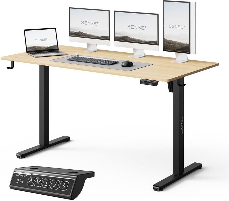 SENSE7 NOJO LIGHT Elektrisch bureau 140 cm x 70 cm Elektrische Hoogteverstelling Hoogte 72-118 cm Intelligent Bedieningspaneel Lichtbruin-zwart