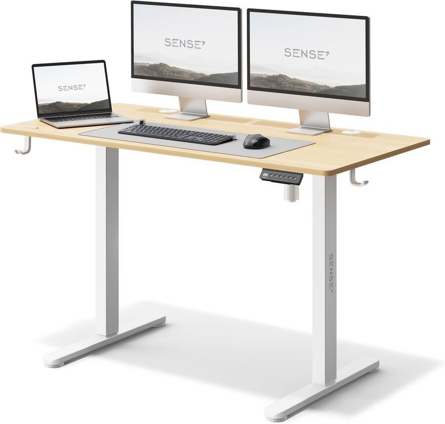 SENSE7 NOJO Zit Sta Bureau Elektrisch Verstelbaar 120 x 60 cm Computerbureau Gamingbureau Elektrische Hoogteverstelling Geheugenfunctie Hoofdtelefoonhouder Kabelopbergsysteem wit lichtbruin