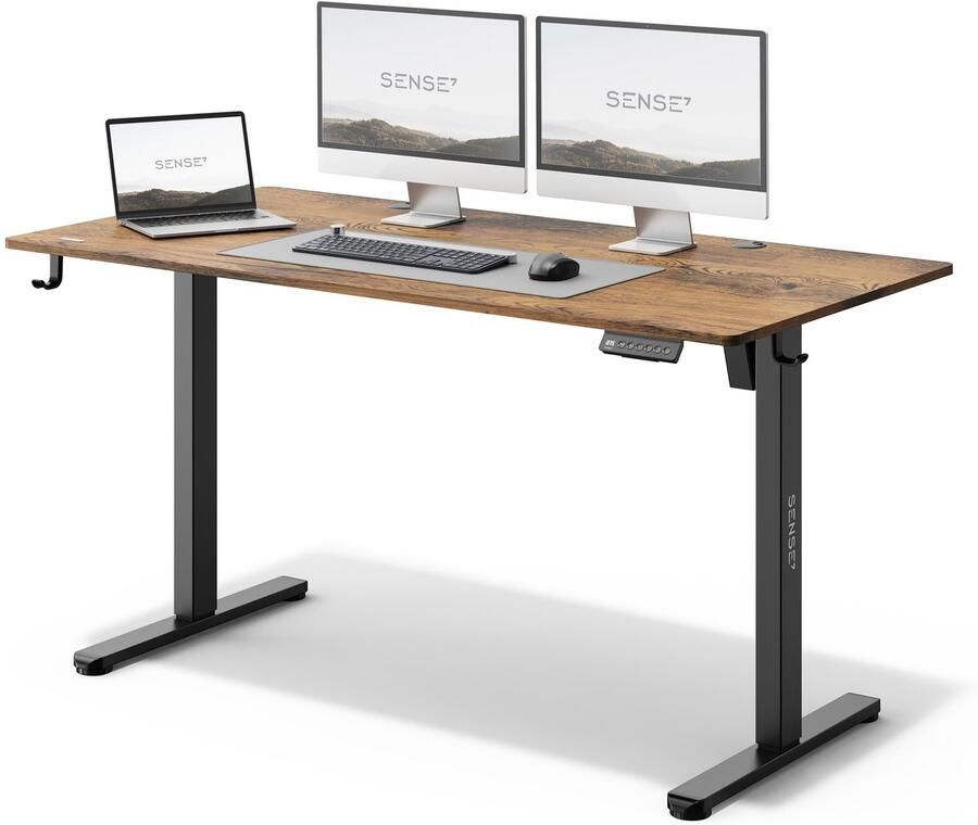 SENSE7 NOJO Zit Sta Bureau Elektrisch Verstelbaar 140 x 70 cm Computerbureau Gamingbureau Elektrische Hoogteverstelling Geheugenfunctie Hoofdtelefoonhouder Kabelopbergsysteem zwart donkerbruin