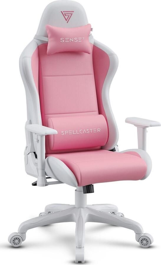 SENSE7 Spellcaster FUKU PU Ergonomische bureaustoel Gamingstoel nek- en lendenkussen In hoogte verstelbaar Stof + eco-leer Duurzaam en comfortabel Maximale belasting 150 kg Tot 185 cm lang Witte en roze kleur - Foto 2