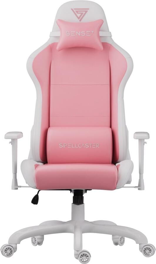 SENSE7 Spellcaster FUKU PU Ergonomische bureaustoel Gamingstoel nek- en lendenkussen In hoogte verstelbaar Stof + eco-leer Duurzaam en comfortabel Maximale belasting 150 kg Tot 185 cm lang Witte en roze kleur