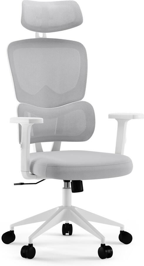 SENSE7 VENO Ergonomische Bureaustoel Verstelbare Rugleuning Armleuningen en Hoofdsteun Comfortabel en Duurzaam Bureau Stoel tot 185 cm en 120 kg Bureaustoelen voor Volwassenen Wit en Grijs