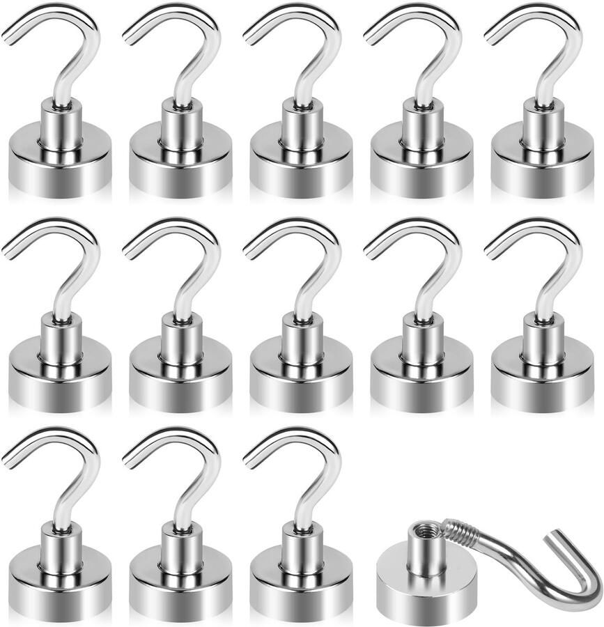 Senza Marchio 14 stuks magneethaken extra sterk 20 mm supersterke magnetische kleerhangers geen stanshaken afneembaar roestvrij kleine ronde magneethaken voor keuken barbecue opbergkast koelkast (E20 mm