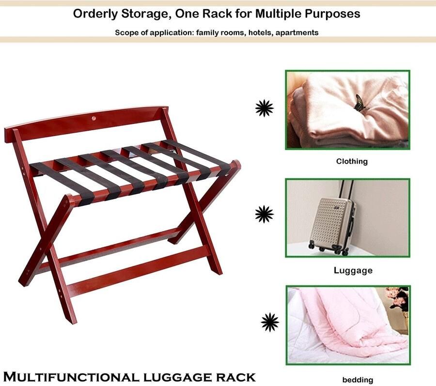 Senza Marchio 2-pack bagagerek houten opvouwbare kofferstandaard hotelkofferhouder met rugleuning 2-laags bagagerek met schoenenrek vloer slaapkamer kofferstandaard met nylon bandages (kleu