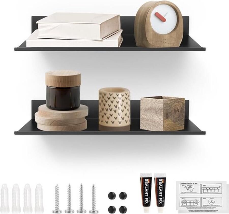 Senza Marchio 2 stuks wandrek 30 cm zwevend rek doucheplank hangrek zwart zelfklevend badkamerrek wand boekenkast wandplank voor badkamer keuken woonkamer kantoor kinderkamer