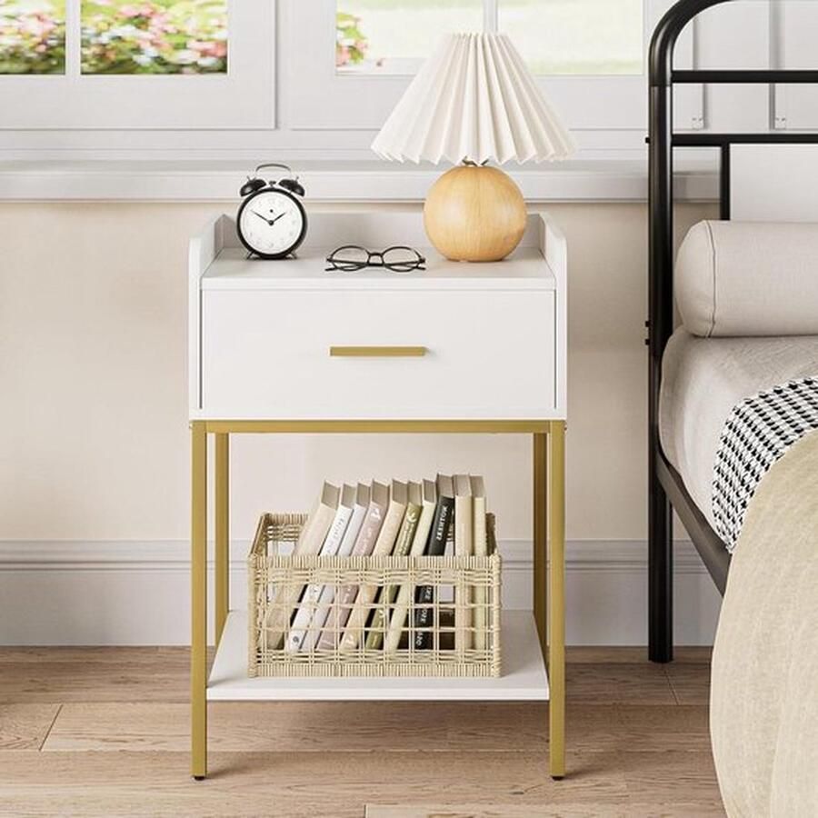 Senza Marchio 3-laags modern nachtkastje met opberglade en plank wit voor slaapkamer en woonkamer