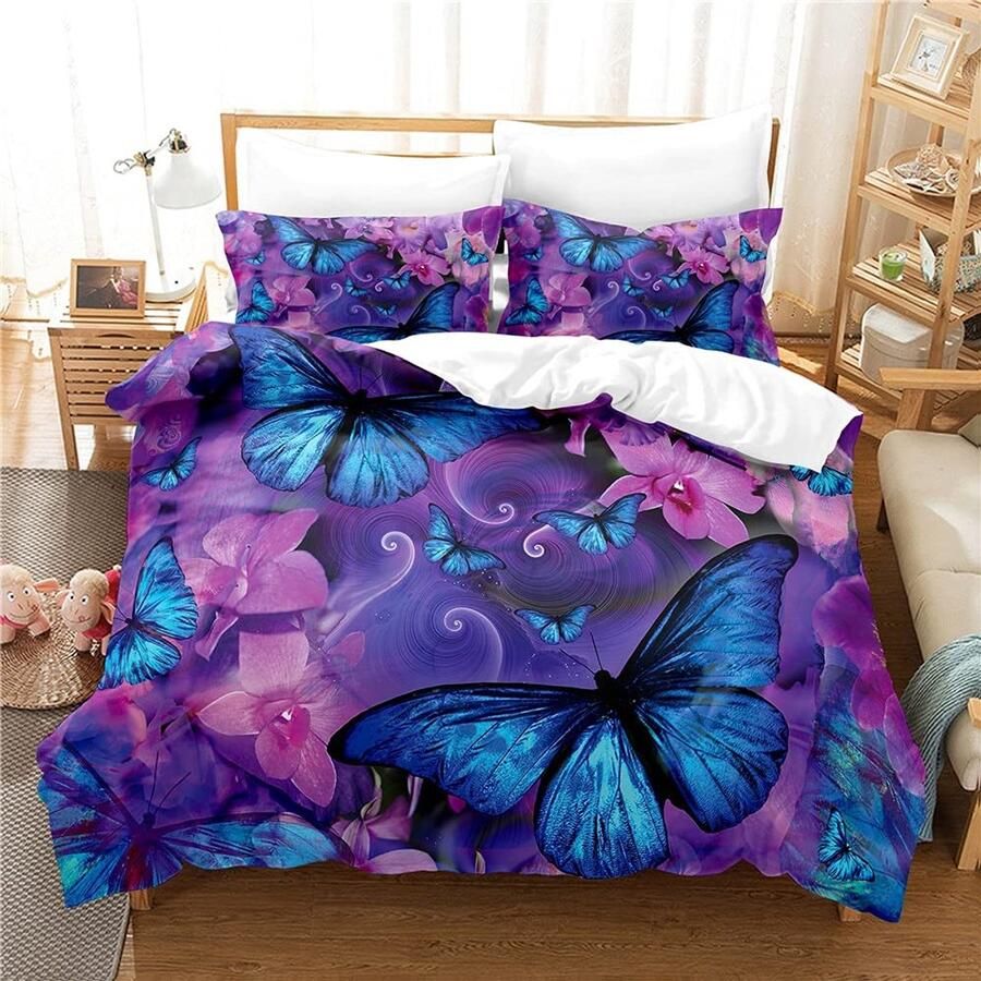 Senza Marchio 3d Butterfly Bedding Set Queen Bedding Duvet Cover Set Bed Cover Queen Bedroom Decor Purple Bed Cover Set Bed Sets 220×260CM