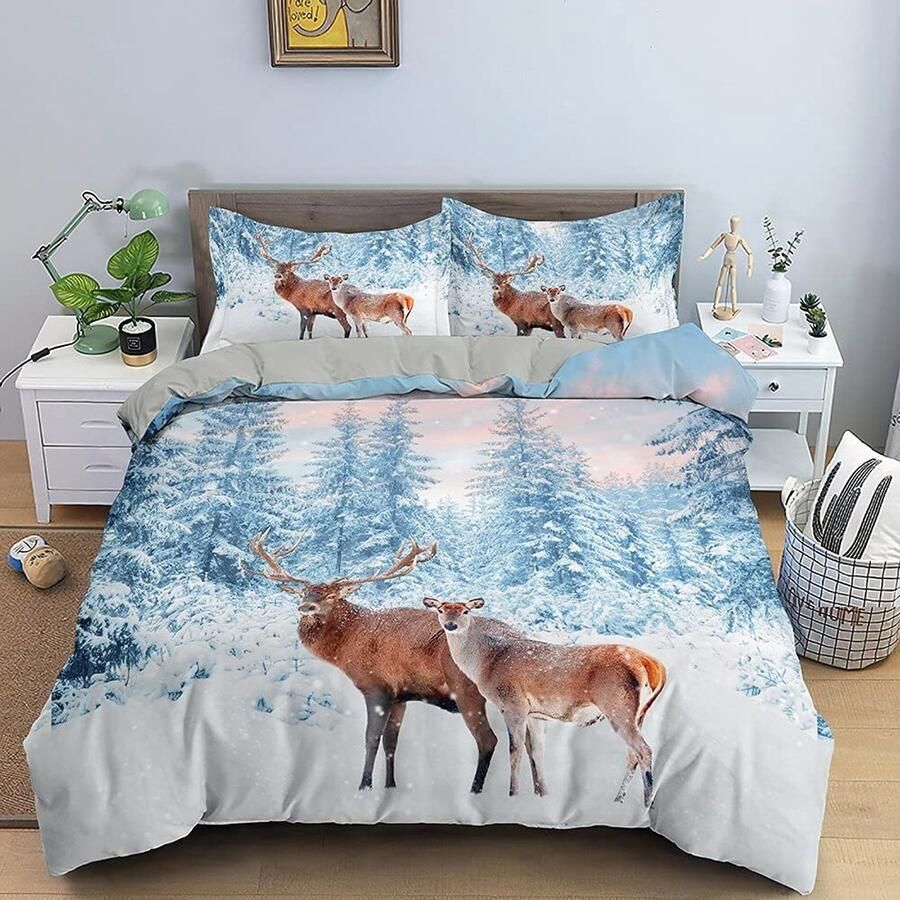Senza Marchio 3d Deer Bedding Set Luxury Soft Duvet Cover Winter Forest At Sunset King Cover King Queen Size Bed Set 3pcs 200×200CM