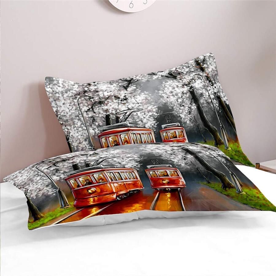 Senza Marchio 3D Dekbedovertrek Set voor Single Double King Bed Morbuy City Painting Printed Bedding Sets Boy Girl Slaapkamer Microfiber Dekbedovertrek Set Quilt Case met Kussenslopen (Tram 135x200cm)