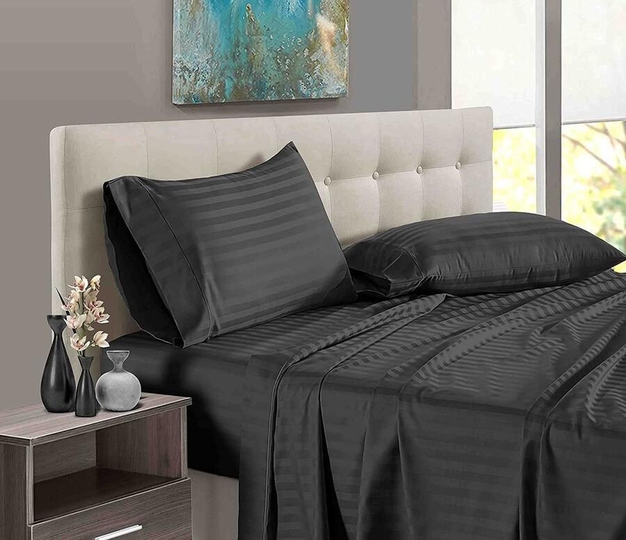 Senza Marchio 4 Piece Bed Sheets Set 100% Egyptian Cotton 400 Thread Count Hotel Luxury Bed Sheets Extra Soft -32 CM Deep Pocket of Fitted Sheet Dark Grey Stripe UK King Size