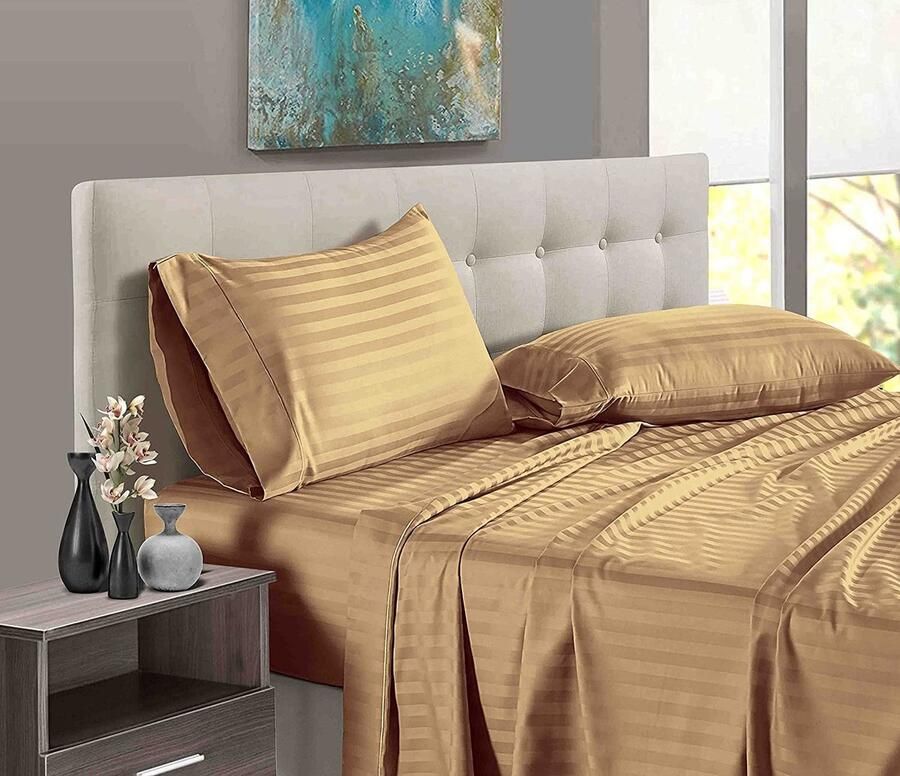 Senza Marchio 4 Piece Bed Sheets Set 100% Egyptian Cotton 400 Thread Count Hotel Luxury Bed Sheets Extra Soft -38 CM Deep Pocket of Fitted Sheet Taupe Stripe Super King Size