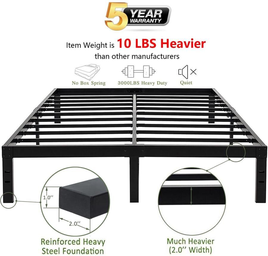 Senza Marchio 45MinST 14 inch platform bedframe eenvoudige montage matras foundation 3000 lbs zware stalen lat ruisvrij geen boxspring nodig queensize