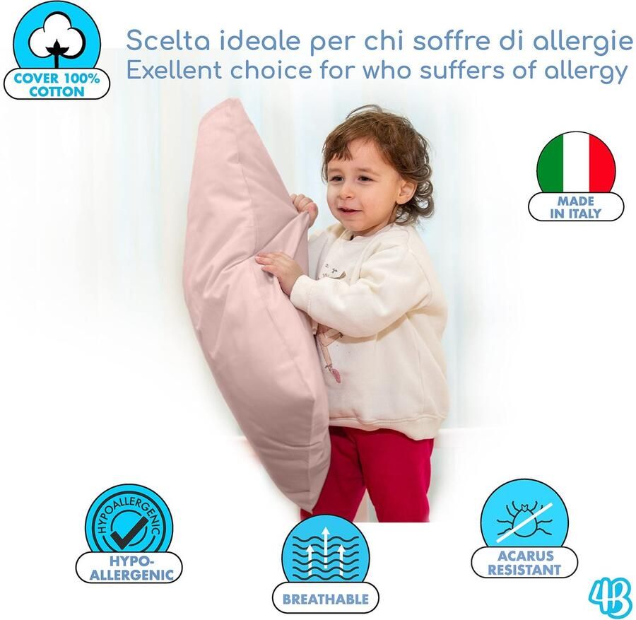 Senza Marchio 4BABIES Kussens plus kussensloop voor kinderbed 40 x 60 cm Made in Italy Oeko-Tex gecertificeerd kussen en kussensloop met omslag 100% puur katoen dekbedovertrek + fed. roze