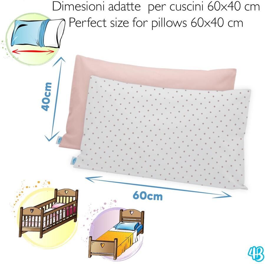 Senza Marchio 4BABIES Kussensloop 40 x 60 cm voor kinderen Set van 2 kussenslopen voor babybed en bed 100% puur katoen gemaakt in Italië Envelop sluiting Oeko-TEX gecertificeerd Pois e Rose Praline