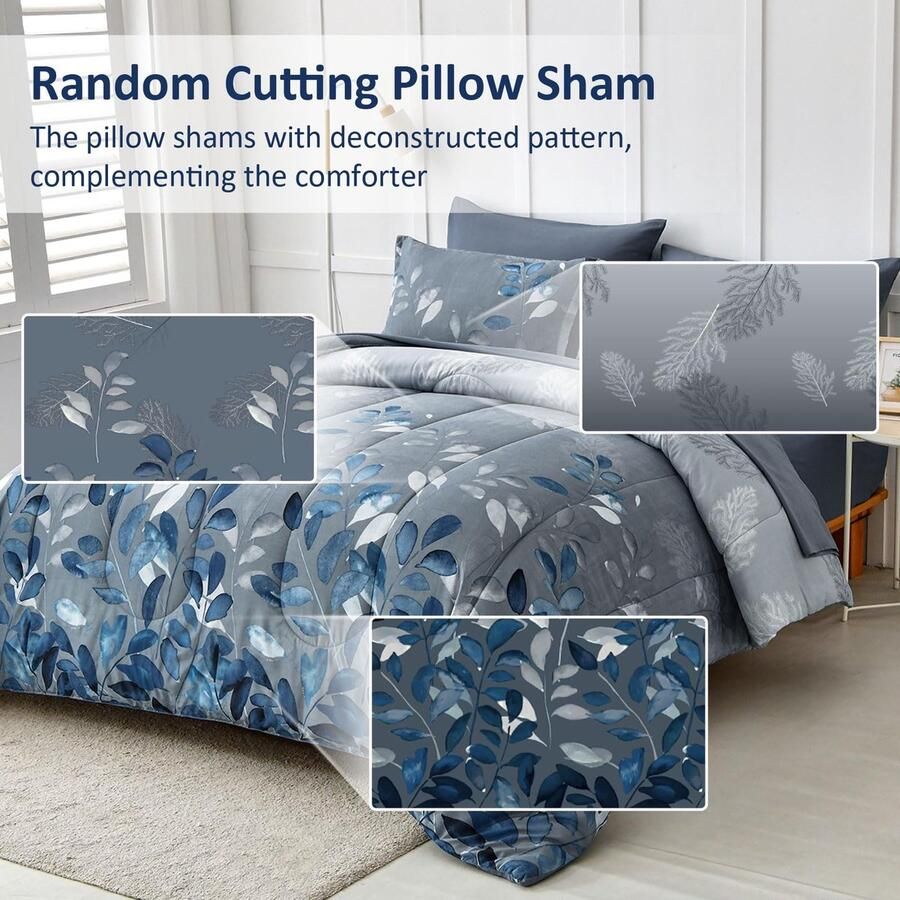 Senza Marchio 7-delig blauw bed in een tas kingsize dekbedovertrek met bloemenmotief elegante dekbedovertrekset met botanische bladeren voor het hele seizoen (1 dekbed 2 kussenslopen 2 kussenslopen 1 plat