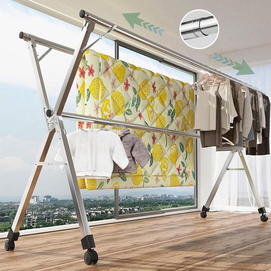 Senza Marchio 94 inch Droogrek Kleding Opvouwbaar Intrekbare Kledingrek voor het ophangen van kleding Roestvrij staal Wasserij Droogrek met Wielen Opvouwbaar Kledingrek Gratis geïnstalleerd