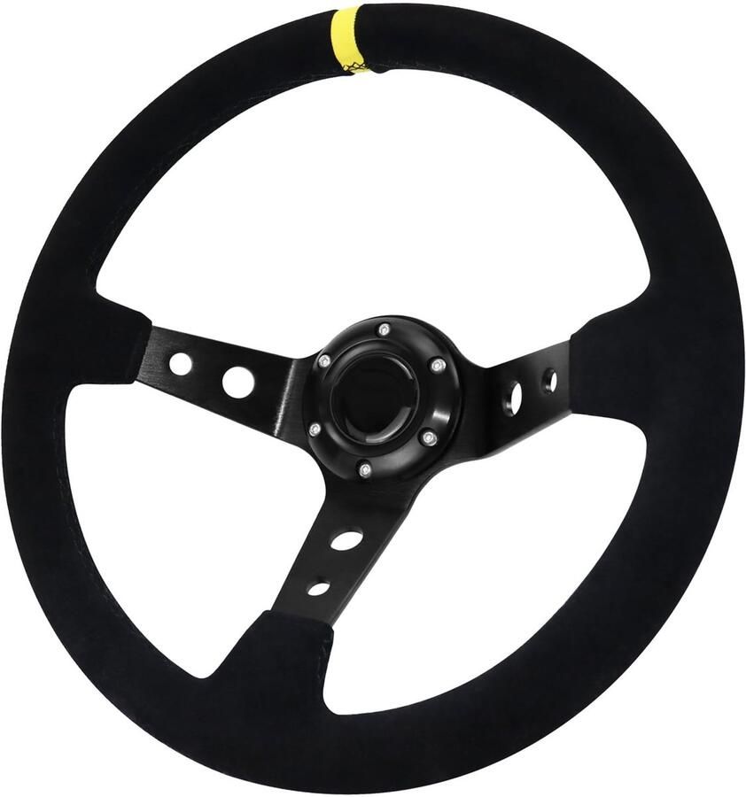 Senza Marchio Acclcors Universeel racestuurwiel gaming stuurwiel 350mm 14inch 6 bout grip suède diepe schotel met hoorn knop voor racing rally motorsport auto sim rijden (zwart)