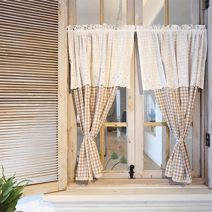 Senza Marchio ACMHNC 2 panelen korte gordijnen landelijke stijl Buffalo Check Gingham Cafe Gordijnen Polyester Katoen lagen Gordijnen Rod Pocket Half Window Valances voor Bistro Keukenkast B x H 115 x 115 cm