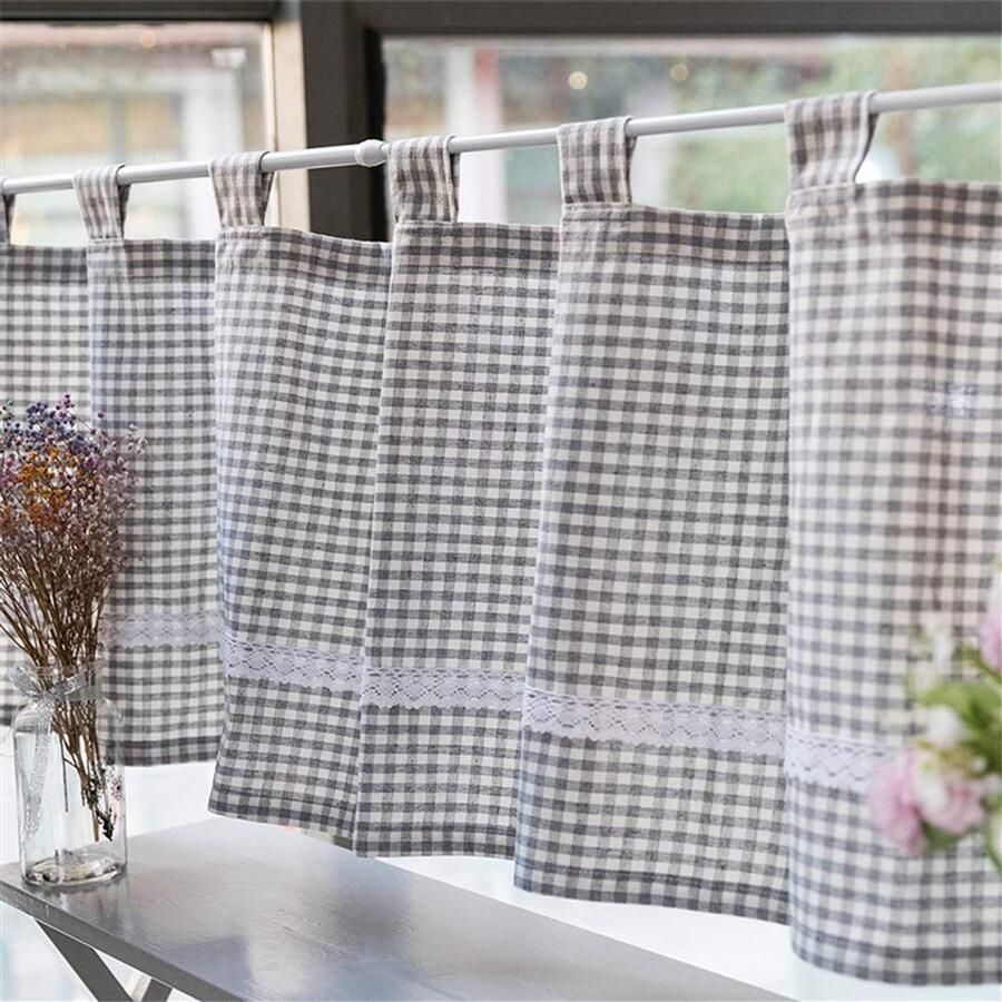 Senza Marchio ACMHNC Cafe Gordijnen Landelijke Stijl Grijs en Wit Geruit Katoen Linnen Keuken Korte Gordijnen Gingham Valance Panel voor Hand Wassen Tafel Kast Boekenplank B x H 150x70cm