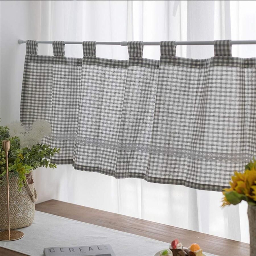 Senza Marchio ACMHNC Cafe Gordijnen Landelijke Stijl Grijs en Wit Geruit Katoen Linnen Keuken Korte Gordijnen Gingham Valance Panel voor Hand Wassen Tafel Kast Boekenplank B x H 250x50cm