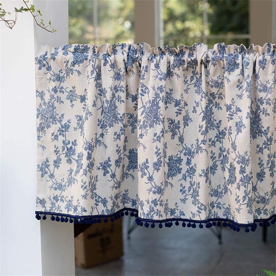 Senza Marchio ACMHNC Katoen Linnen Keukengordijn Bloemen Gedrukt Landelijke Stijl Venster Valance Korte Gordijn Half Venster Gordijnen voor Cafe Keuken Kast Badkamer B x H 140x 90cm