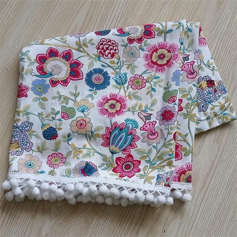 Senza Marchio ACMHNC Pastorale Stijl Bloemenvenster Valance met Pompom Keukengordijn Katoenmix Kort Gordijn Semi Transparante Valance voor Handwastafel Kast Boekenplank 1 Panel Wit B x H 150x40cm