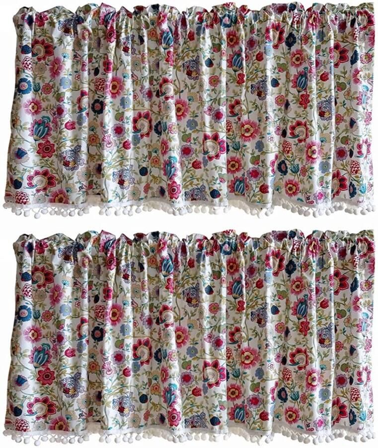 Senza Marchio ACMHNC Pastorale Stijl Bloemenvenster Valance met Pompom Keukengordijn Katoenmix Kort Gordijn Semi Transparante Valance voor Handwastafel Kast Boekenplank 1 Panel Wit B x H 150x50cm
