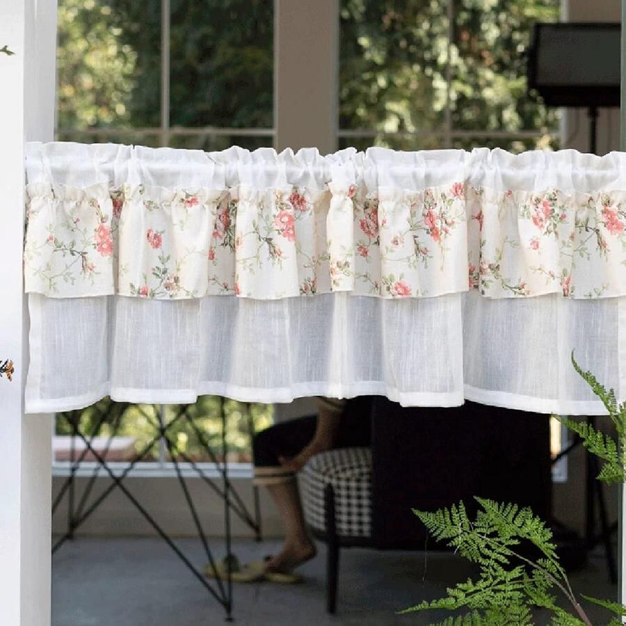 Senza Marchio ACMHNC Sheer Valance Bloem Gedrukt Cafe Gordijnstang Pocket Voile Kort Gordijn Half Venster Gordijnen voor Keukenkast Kelder 1 Panel Wit B x H 200x70cm