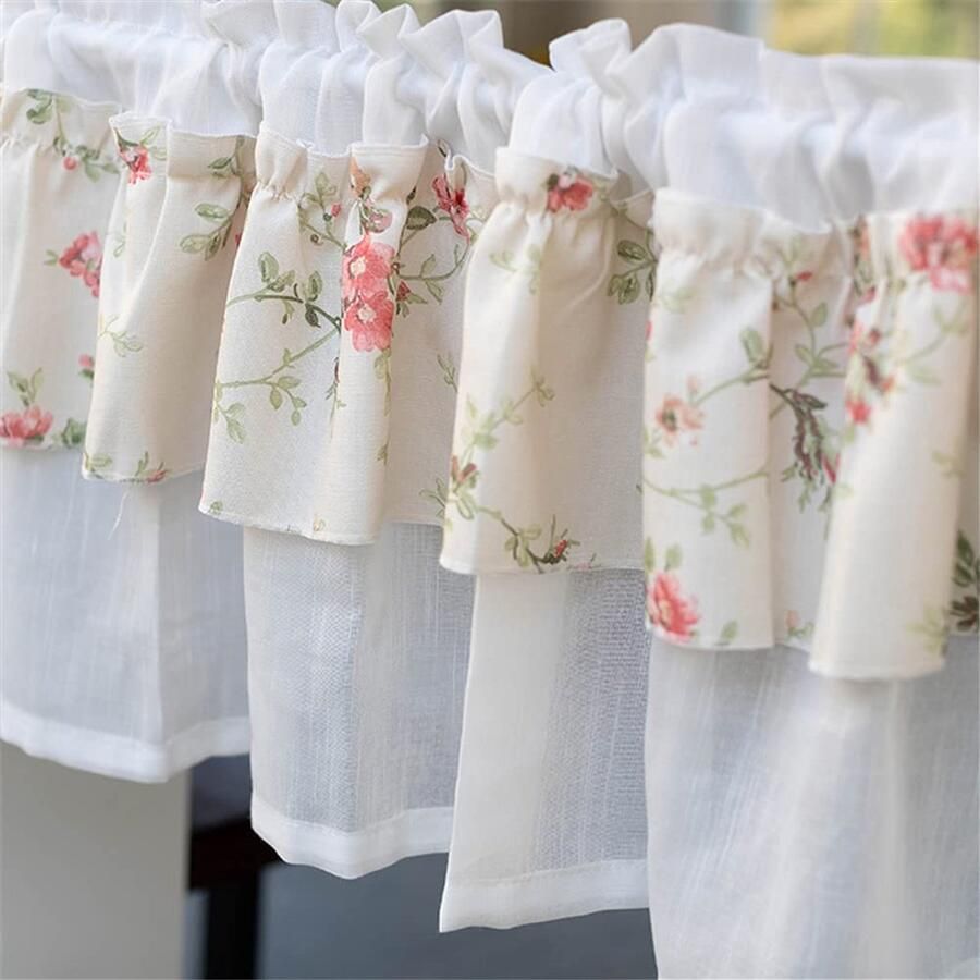 Senza Marchio ACMHNC Sheer Valance Bloem Gedrukt Cafe Gordijnstang Pocket Voile Kort Gordijn Half Venster Gordijnen voor Keukenkast Kelder 1 Panel Wit B x H 150x40cm