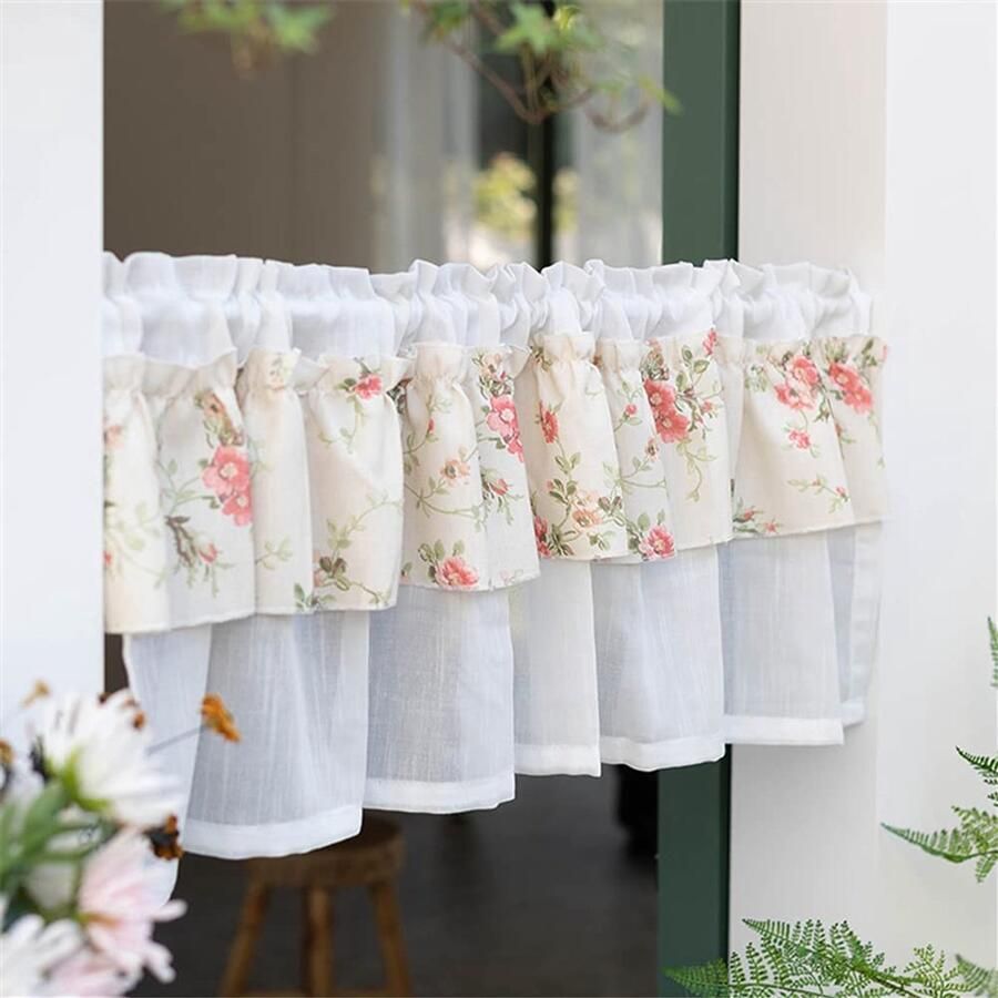 Senza Marchio ACMHNC Sheer Valance Bloem Gedrukt Cafe Gordijnstang Pocket Voile Kort Gordijn Half Venster Gordijnen voor Keukenkast Kelder 1 Panel Wit B x H 150x70cm