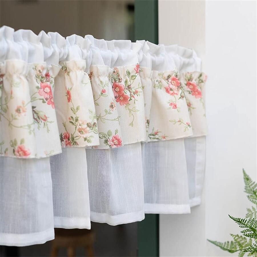 Senza Marchio ACMHNC Sheer Valance Bloem Gedrukt Cafe Gordijnstang Pocket Voile Kort Gordijn Half Venster Gordijnen voor Keukenkast Kelder 1 Panel Wit B x H 150x50cm