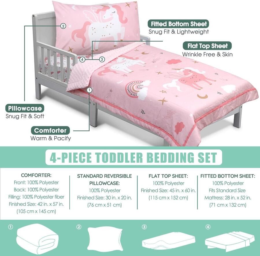 Senza Marchio ACRABROS Peuter beddengoed set 4-delig peuter beddengoed sets voor meisjes jongens inclusief dekbed hoeslaken plat laken en omkeerbare kussensloop ultra zachte peuter bed set eenhoorn
