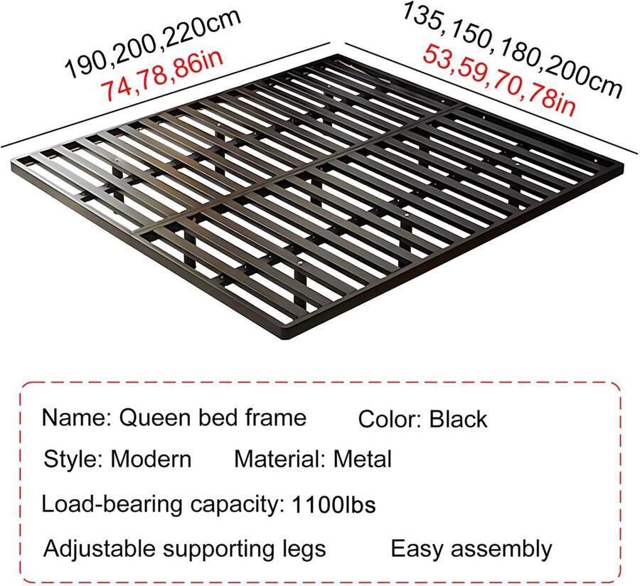 Senza Marchio Afneembaar Queensize Bedframe Zwart Bedframe Met Twee Steunpoten Antislip Queensize Bedframes Voor Slaapkamerappartementen(Color:Black 2 Size:70x78in)