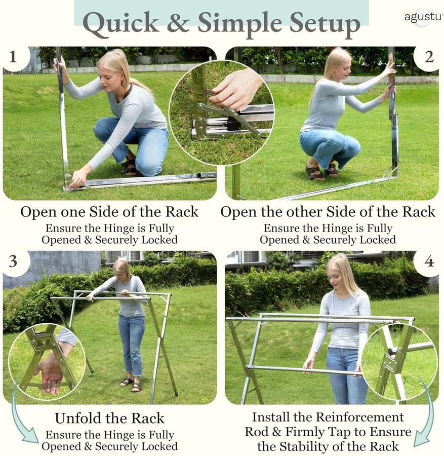 Senza Marchio agustu Uitbreidbaar droogrek voor kleding 95 inch gemakkelijk opvouwbaar staand zwaar roestvrij staal met wielen binnen en buiten draagbaar met grote haringen zandzak en tas voor kledingrek