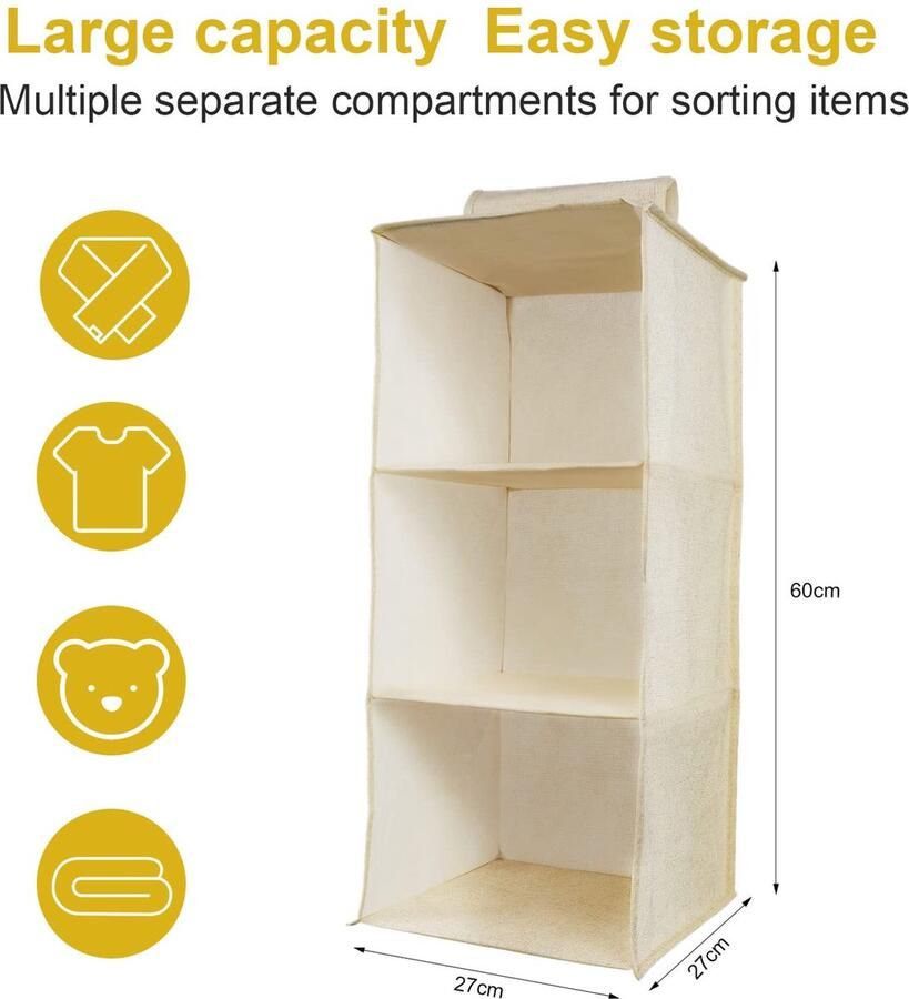 Senza Marchio AiQInu Hangrek kledingkast hangende opbergkast organizer met 3 vakken opvouwbaar ruimtebesparend stabiele hangorganizer met bamboestok versterkt opbergsysteem voor kledingkasten