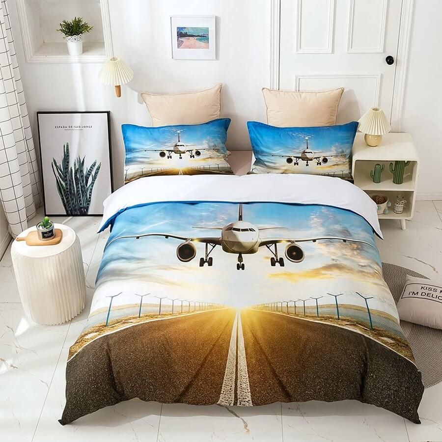 Senza Marchio Airplane Bedding Set Blue Sky Plane Airport 3d Children Duvet Cover Pillowcases Double Queen King Size Custom Quilt Bed Cover 220×260CM