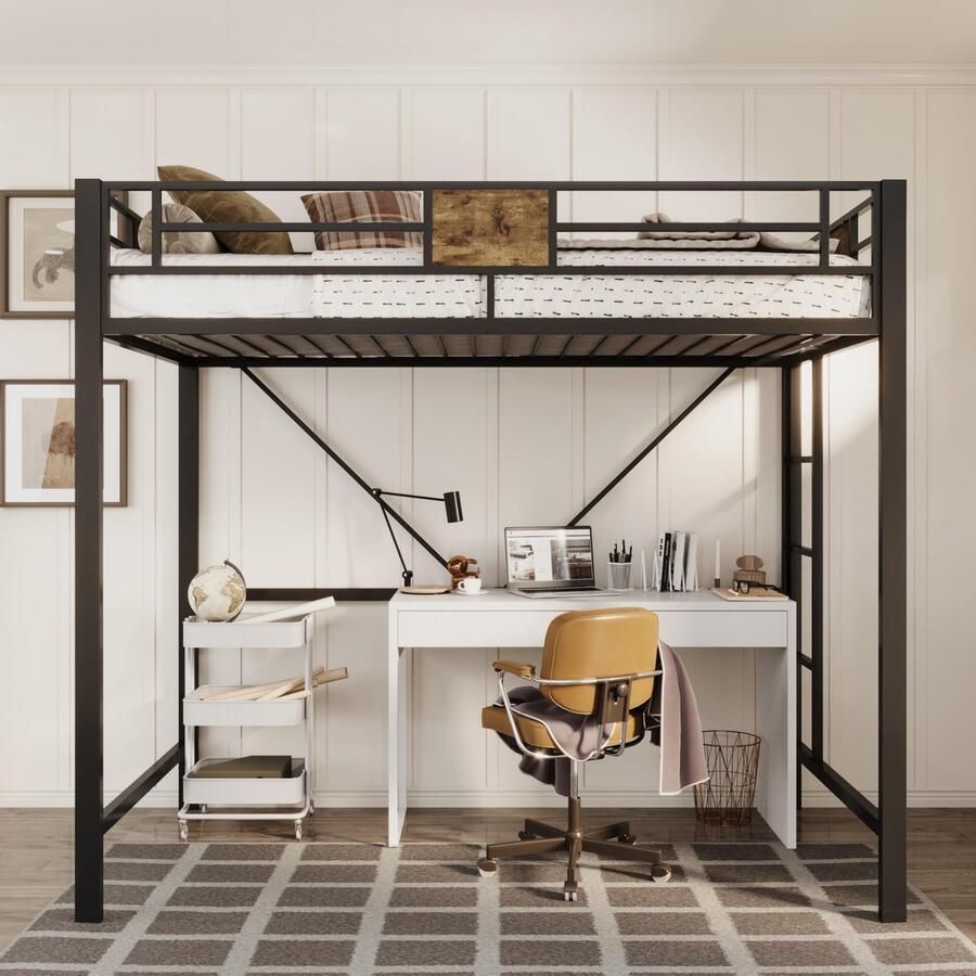 Senza Marchio Allewie Metalen Twin Size Loft Bed Frame met Trappen & Volledige Lengte Vangrail Ruimtebesparend Geen BoxSpring Nodig Geluidsvrij Zwart
