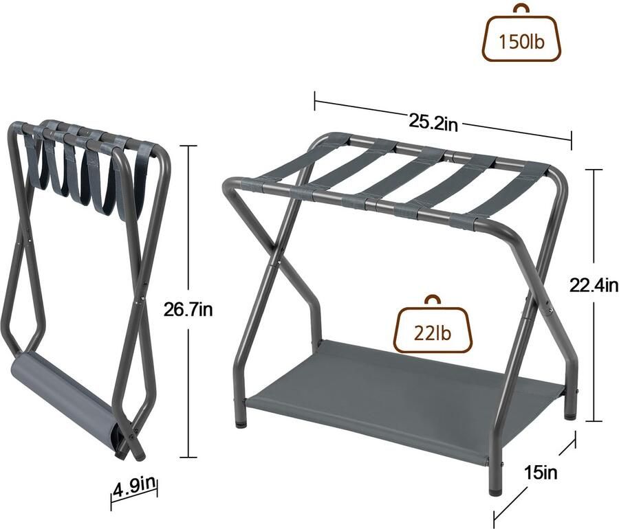 Senza Marchio AMHANCIBLE Bagagerek set van 2 opvouwbare kofferstandaards voor logeerkamer metalen bagagehouder met opbergplank voor slaapkamer hotel eenvoudig te monteren donkergrijs HLR02SG