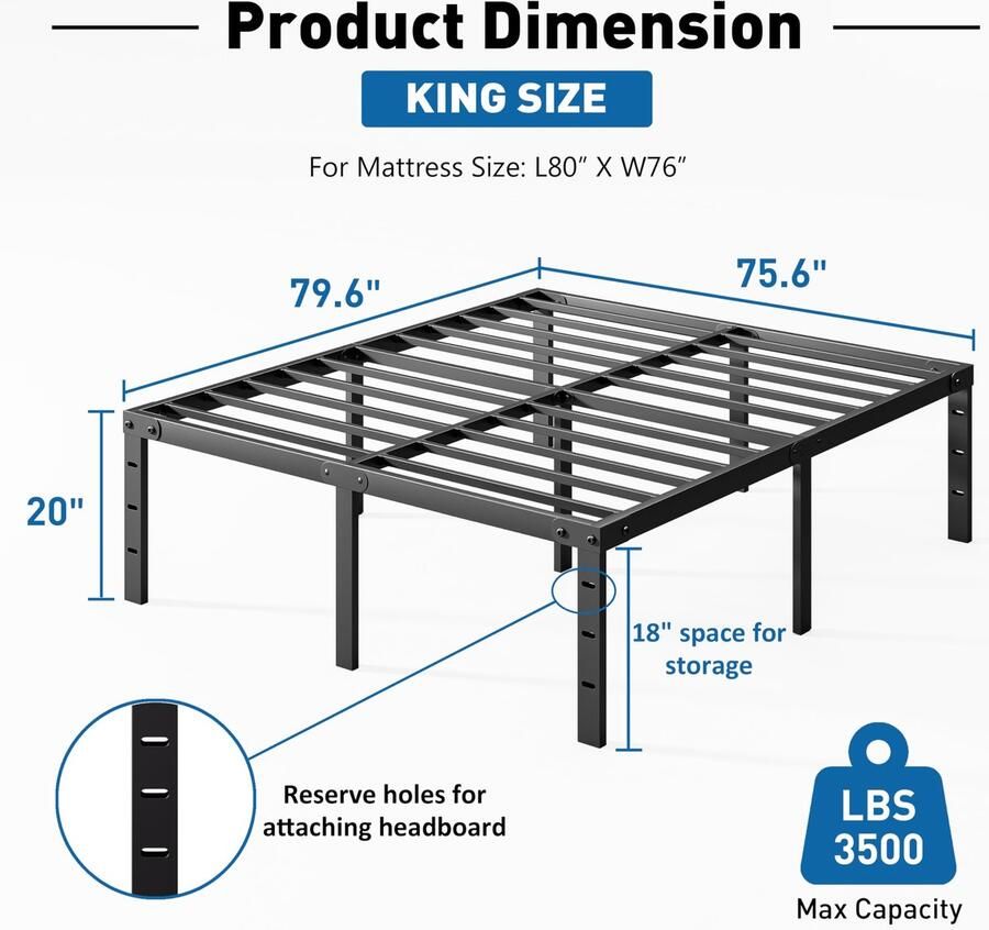 Senza Marchio AMOBRO Kingsize hoog bedframe 20 inch metalen platformbasis met 45 cm opslagruimte zware stalen latten eenvoudige montage geluidsvrij geen boxspring nodig antislip zwart