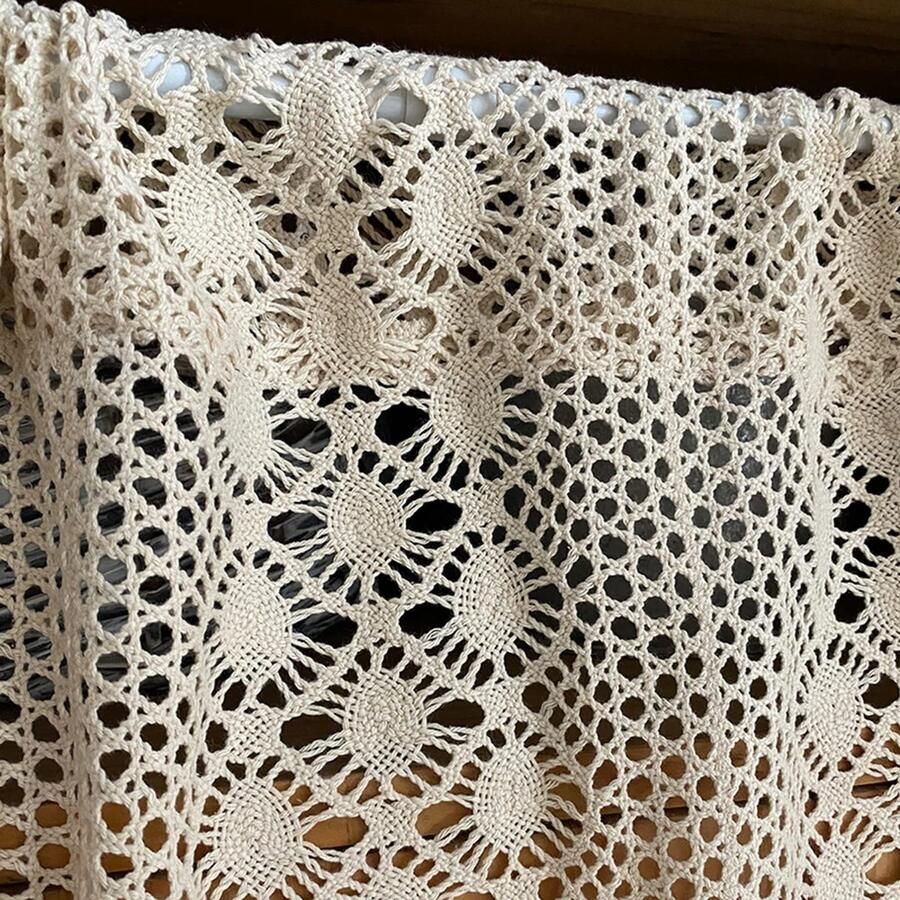 Senza Marchio A.Monamour Kort gordijn voor klein raam boerderij beige katoen gehaakte geborduurde kant geometrische raambehandeling Valance paneel gordijnen half gordijn voor keuken café kast gordijn