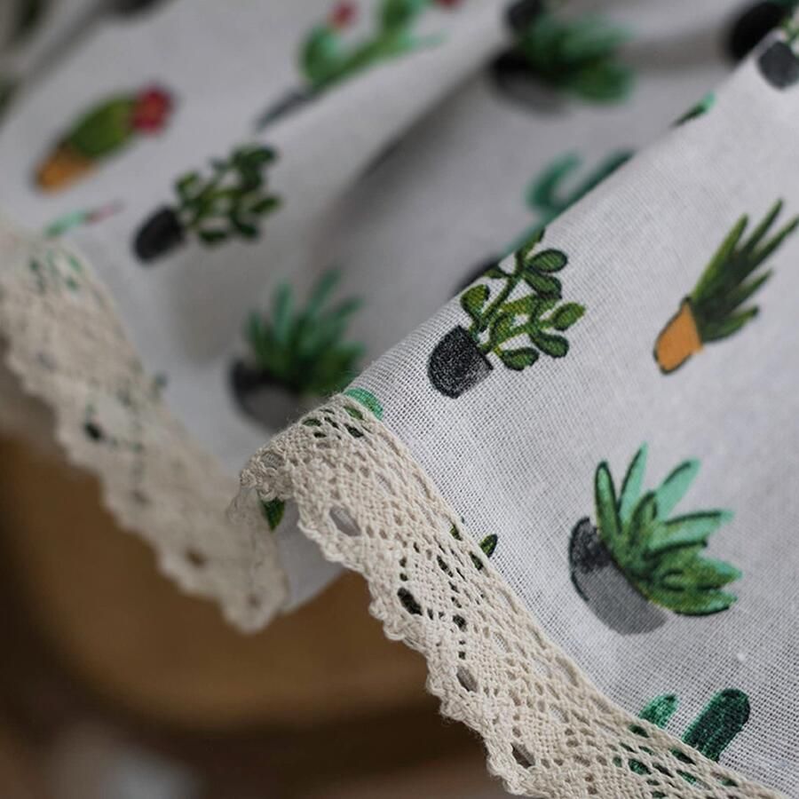 Senza Marchio A.Monamour Kort gordijn voor klein raam Cactus bedrukt botanisch katoen linnen met gehaakte kanten raambehandeling Valance paneel gordijnen half gordijn voor keuken café kast gordijn