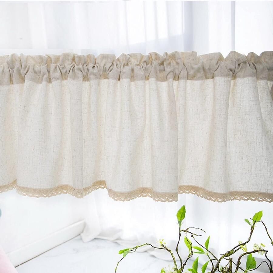 Senza Marchio A.Monamour Kort gordijn voor klein raam massief beige linnen katoen met gehaakte kanten raambehandeling Valance raampaneel gordijnen half gordijn voor keuken café slaapkamer kast gordijn