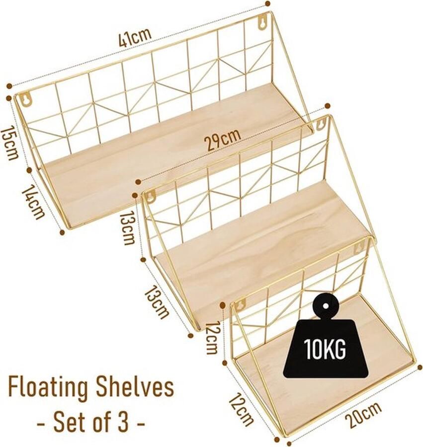 Senza Marchio andrek goudkleurig metaal set van 3 hangende houten planken keukenplanken hangrek zwevend rek wanddecoratie voor slaapkamer woonkamer keuken kantoor