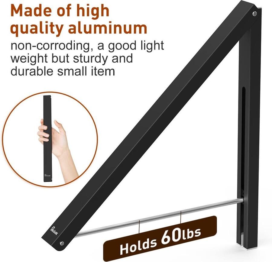 Senza Marchio Anjuer Intrekbaar kledingrek wandgemonteerde opvouwbare kledinghanger droogrek voor wasruimte kast opslag organisatie aluminium eenvoudige installatie (zwart)